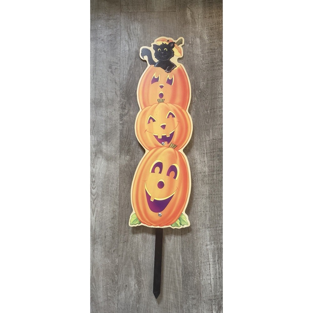 Vtg 2002 Impact Plastics Halloween Yard Art Black Cat Jack O Lantern Stake Sign
